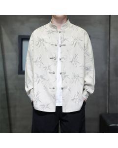 Buddha Stones Spring Casual Tang Style Frog Button Bamboo Print Men's Long Sleeve Shirts - Tan / US/UK/AU46，EU56 (5XL)