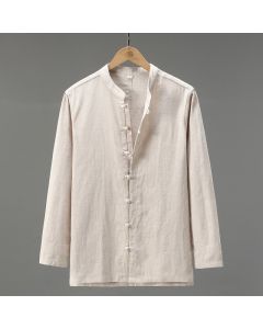 Buddha Stones Spring Casual Tang Style Frog Button Solid Men's Long Sleeve Shirts - Beige / US/UK/AU36，EU46 (L)