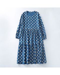 Buddha Stones Spring Casual Vintage Blue White Polka Dot Women's Long Sleeve Dress With Pockets - SteelBlue / US4, UK/AU8, EU36 (M)