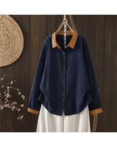 Buddha Stones Spring Casual Vintage Button-Up Contrast Collar Women's Long Sleeve Shirts - MidnightBlue / US4, UK/AU8, EU36 (L)
