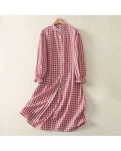 Buddha Stones Spring Casual Vintage Button-Up Gingham Women's Long Sleeve Dress With Pockets - LightCoral / US6, UK/AU10, EU38 (M)