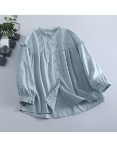 Buddha Stones Spring Casual Vintage Button-Up Solid Pleated Women's Long Sleeve Shirts - LightBlue / US4, UK/AU8, EU36 (L)