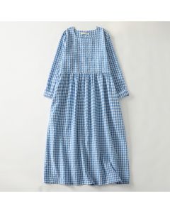 Buddha Stones Spring Casual Vintage Light Blue Plaid Crew Neck Women's Long Sleeve Dress With Pocket - LightSkyBlue / US4, UK/AU8, EU36 (M)