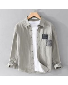 Buddha Stones Spring Daily Line Patchwork Design Lapel Men's Long Sleeve Cotton Linen Shirt With Pockets - DarkSeaGreen / US/UK/AU36，EU46 (L)