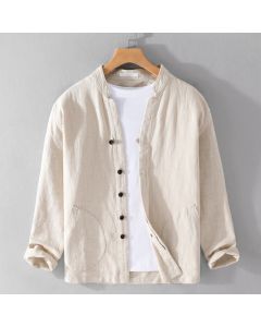 Buddha Stones Spring Daily Simple Buttons Design Stand Collar Men's Long Sleeve Cotton Linen Shirt With Pockets - Beige / US/UK/AU36，EU46 (L)