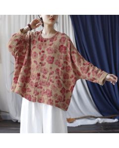 Buddha Stones Spring Elegant Retro Button-Up Pink Floral Women's Jacket With Pocket - BurlyWood / US6, UK/AU10, EU38 (M)