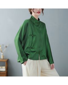Buddha Stones Spring Elegant Tang Style Frog Button Solid Green Women's Long Sleeve Shirts - ForestGreen / US4, UK/AU8, EU36 (M)