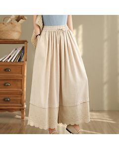 Buddha Stones Spring Embroidery Lace Hem Patchwork Drawstring Design Women's Wide Leg Cotton Pants With Pockets - SaddleBrown / US8-10，UK/AU12-14，EU40-42 (2XL)