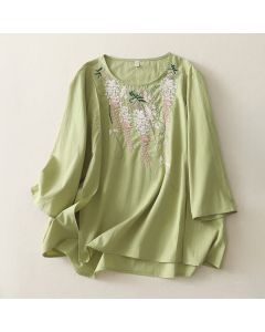 Buddha Stones Spring Embroidery Side Slit Floral Women's Three-Quarter Sleeve Shirts - DarkSeaGreen / US4，UK/AU8，EU36 (L)