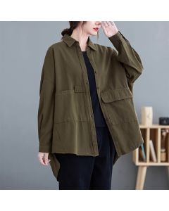 Buddha Stones Spring Fall Basic Minimalist Button-Up Solid Cotton Women's Jacket With Pockets - DarkOliveGreen / US4，UK/AU8，EU36 (L)