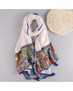 Buddha Stones Spring Fall Boho Embroidered Floral Tassel Thin Women's Shawl - White