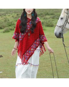 Buddha Stones Spring Fall Boho Geometric Fringe Knit V Hem Women's Shawl - Crimson