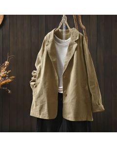 Buddha Stones Spring Fall Buttons Lapel Collar Long Sleeve Mid-length Women's Jacket With Pockets - DarkKhaki / US4-8/10，UK/AU8-12/14，EU36-40/42 (F)
