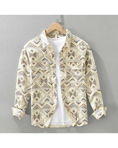 Buddha Stones Spring Fall Casual Boho Button-Up Geometric Cotton Men's Long Sleeve Shirts With Pocket - Khaki / US/UK/AU38, EU48 (XL)