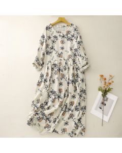 Buddha Stones Spring Fall Casual Boho Drawstring Floral Crew Neck Women's Long Sleeve Dress With Pockets - Beige / US6, UK/AU10, EU38 (M)