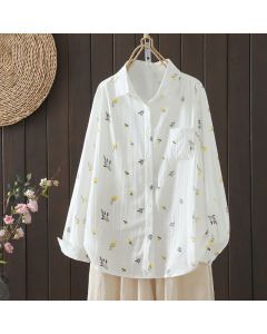 Buddha Stones Spring Fall Casual Button-Up Floral Women's Long Sleeve Shirts With Pocket - Yellow Flowers / US4, UK/AU8, EU36 (L)