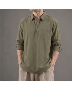 Buddha Stones Spring Fall Casual Button-Up Solid Cotton Men's Long Sleeve Shirts With Patch Pocket - DarkOliveGreen / US/UK/AU36, EU46 (L)