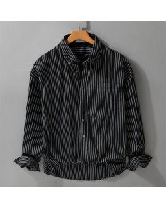 Buddha Stones Spring Fall Casual Button-Up Striped Cotton Men's Long Sleeve Shirts With Pocket - Black / US/UK/AU36，EU46 (L)
