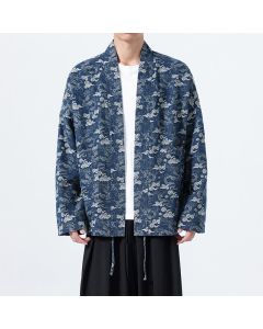 Buddha Stones Spring Fall Casual Drawstring Abstract Clouds Cotton Men's Kimono - Navy / US/UK/AU38，EU48 (M)