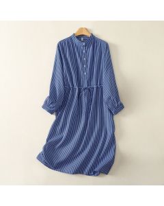 Buddha Stones Spring Fall Casual Drawstring Blue Striped Women's Long Sleeve Dress With Pockets - RoyalBlue / US6, UK/AU10, EU38 (M)