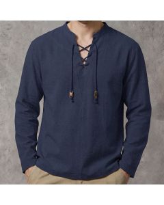 Buddha Stones Spring Fall Casual Drawstring Mandarin Collar Solid Men's Long Sleeve Shirts - Navy / US/UK/AU36, EU46 (L)