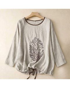 Buddha Stones Spring Fall Casual Embroidery Tree Drawstring Women's Crew Neck Design Cotton Linen Women's Long Sleeve T-Shirt - LightGrey / US4，UK/AU8，EU36 (S)