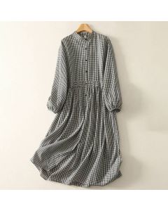 Buddha Stones Spring Fall Casual Mandarin Collar Plaid Women's Long Sleeve Dress With Pocket - Black / US4, UK/AU8, EU36 (L)