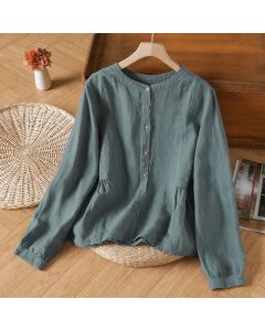 Buddha Stones Spring Fall Casual Minimalist Button-Up Crew Neck Solid Women's Long Sleeve Shirts - Teal / US4, UK/AU8, EU36 (L)