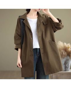 Buddha Stones Spring Fall Casual Minimalist Button-Up Lapel Collar Solid Women's Jacket With Pockets - Olive / US6, UK/AU10, EU38 (M)