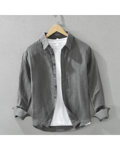 Buddha Stones Spring Fall Casual Minimalist Button-Up Solid Ramie Men's Long Sleeve Shirts - DimGray / US/UK/AU36，EU46 (L)