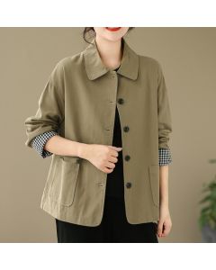 Buddha Stones Spring Fall Casual Minimalist Button-Up Solid Women's Jacket With Pockets - DarkKhaki / US4, UK/AU8, EU36 (L)