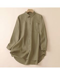 Buddha Stones Spring Fall Casual Minimalist Button-Up Solid Women's Long Sleeve Shirts With Patch Pockets - DarkKhaki / US4, UK/AU8, EU36 (L)