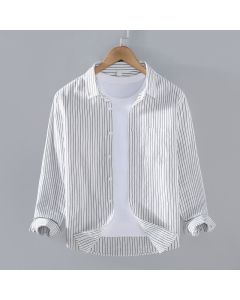 Buddha Stones Spring Fall Casual Minimalist Button-Up Vertical Striped Men's Long Sleeve Shirts With Patch Pocket - White / US/UK/AU36, EU46 (L)