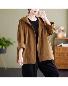Buddha Stones Spring Fall Casual Minimalist Hooded Button-Up Solid Women's Jacket With Pockets - Peru / US4，UK/AU8，EU36 (L)