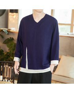 Buddha Stones Spring Fall Casual Minimalist Side Slit Solid Men's Long Sleeve T-Shirts - MidnightBlue / US/UK/AU36, EU46 (L)