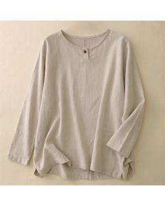 Buddha Stones Spring Fall Casual Simple Solid Crew Neck Design Cotton Women's Long Sleeve T-Shirt - Linen / US4，UK/AU8，EU36 (S)