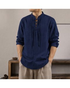 Buddha Stones Spring Fall Casual Tang Style Drawstring Solid Cotton Linen Men's Long Sleeve Shirts - LightSkyBlue / US/UK/AU40, EU50 (2XL)