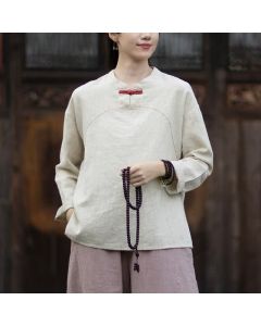 Buddha Stones Spring Fall Casual Tang Style Frog Button Solid Ramie Women's Long Sleeve Shirts With Pocket - Beige / US4-6，UK/AU8-10，EU36-38 (F)