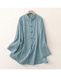 Buddha Stones Spring Fall Casual Tang Style Mandarin Collar Frog Button Solid Women's Long Sleeve Shirts With Pocket - PowderBlue / US4, UK/AU8, EU36 (L)