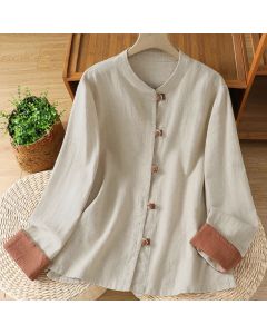 Buddha Stones Spring Fall Casual Tang Style Mandarin Collar Solid Color Contrast Women's Long Sleeve Shirts - Beige / US4, UK/AU8, EU36 (L)