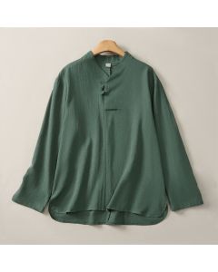 Buddha Stones Spring Fall Casual Tang Style Mandarin Collar Solid Cotton Women's Long Sleeve Shirts - SeaGreen / US4，UK/AU8，EU36 (L)