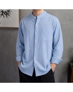 Buddha Stones Spring Fall Casual Tang Style Mandarin Collar Solid Men's Long Sleeve Shirts With Patch Pocket - PowderBlue / US/UK/AU36, EU46 (L)