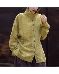 Buddha Stones Spring Fall Casual Tang Style Mandarin Collar Solid Ramie Women's Long Sleeve Shirts - DarkKhaki / US4-8/10，UK/AU8-12/14，EU36-40/42 (F)