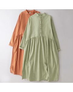 Buddha Stones Spring Fall Casual Tang Style Mandarin Collar Solid Women's Long Sleeve Dress With Pockets - DarkSeaGreen / US8-10, UK/AU12-14, EU40-42 (XL)
