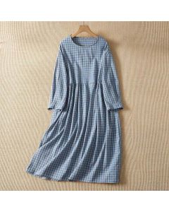 Buddha Stones Spring Fall Casual Vintage Blue and White Plaid Crew Neck Women's Long Sleeve Dress With Pockets - LightSteelBlue / US6, UK/AU10, EU38 (M)