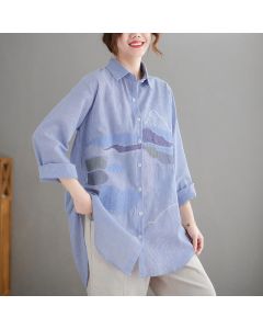 Buddha Stones Spring Fall Casual Vintage Button-Up Abstract Clouds Women's Long Sleeve Shirts - LightBlue / US4, UK/AU8, EU36 (L)