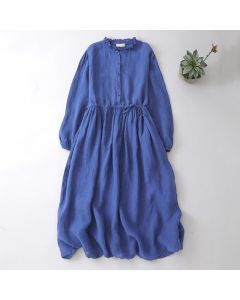 Buddha Stones Spring Fall Casual Vintage Button-Up Drawstring Blue Women's Long Sleeve Dresses With Pocket - RoyalBlue / US6, UK/AU10, EU38 (L)