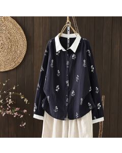 Buddha Stones Spring Fall Casual Vintage Button-Up Floral Women's Long Sleeve Shirts - White / US8-10, UK/AU12-14, EU40-42 (2XL)