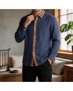 Buddha Stones Spring Fall Casual Vintage Button-Up Geometric Men's Long Sleeve Shirts - Black / US/UK/AU40, EU50 (2XL)