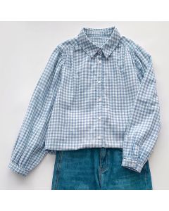 Buddha Stones Spring Fall Casual Vintage Button-Up Plaid Pattern Women's Long Sleeve Shirts - LightSteelBlue / US4, UK/AU8, EU36 (L)